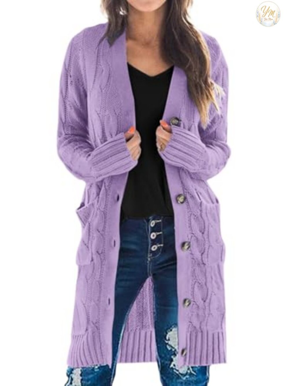 Cable Knit Button Down Long Cardigan Sweater with Pockets
